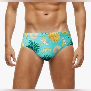 Men’s Swim Brief Swimsuit Trunks Banana Pineapple Size Large Removable Pad‎ NWOT